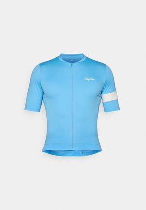 Blauw kortarm fietsshirt met een rits aan de voorkant, gemaakt van gladde, rekbare stof. Heeft een witte accentband op de mouw en het "Rapha" logo.