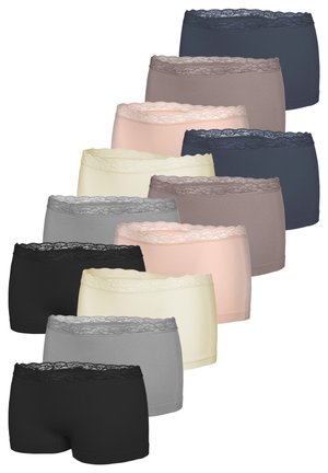 Stacked women's hipster panties in black, gray, cream, pink, taupe, and navy with lace waistbands, arranged in a staggered layout on white background.
