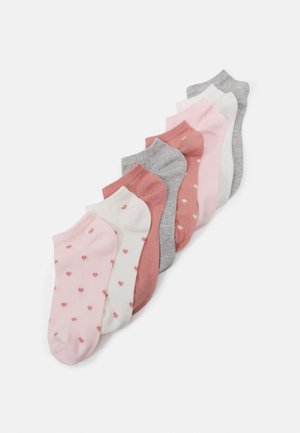 Set of ten ankle socks in pink, gray, and white. Features include solid colors and patterns of small hearts on some pairs.