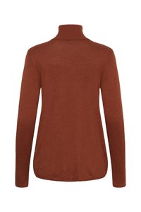 Rozsdavörös garbó pulóver hosszú ujjakkal, bordázott gallérral és sima, puha textúrával. Laza szabással és lekerekített szegéllyel rendelkezik.