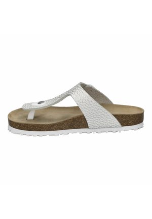 White flip-flop sandal with a textured strap, cork midsole, and rubber outsole. Accented with a small button detail.