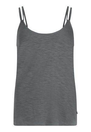 Sivá tielko vyrobené z ľahkej tkaniny, s tenkými nastaviteľnými ramienkami a hladkým, jemným povrchom, s uvoľneným strihom.