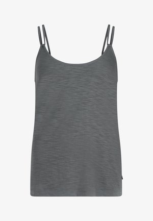 Sivá tielko vyrobené z ľahkej tkaniny, s tenkými nastaviteľnými ramienkami a hladkým, jemným povrchom, s uvoľneným strihom.