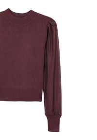 Maglione a maniche lunghe color bordeaux con collo a girocollo a coste, polsini e una manica destra trasparente e leggermente a sbuffo.