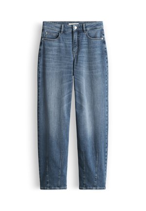 Blauwe denim jeans met voorzakken, riemlussen, knoopsluiting en gestikte verticale sleuven bij de zoom aan elke pijp.
