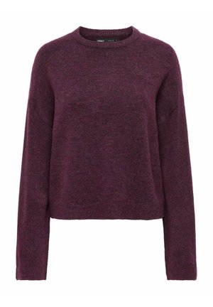 Pull violet en maille à manches longues avec un col rond et une coupe légèrement courte et décontractée.