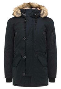 Svart parka-jacka med avtagbar huva fodrad med päls, framtida knappstängningar, flera fickor och en texturerad yta.