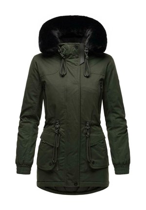Olive green parka jacket with a faux fur hood, drawstrings, and two front pockets; smooth texture with a mid-length design.