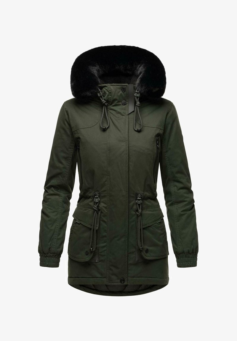 Olive green parka jacket with a faux fur hood, drawstrings, and two front pockets; smooth texture with a mid-length design.