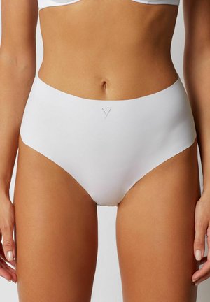 White high-waisted underwear made from smooth fabric with minimal stitching, featuring a small V detail at the front center.