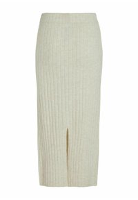 Falda midi beige de canalé con una silueta ajustada, que presenta una abertura en la parte delantera para mayor movilidad y una tela texturizada que realza el interés visual.