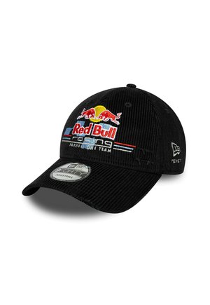 Gorra de béisbol negra de pana con el logotipo del equipo Red Bull Racing de Fórmula Uno y una pegatina ajustable New Era 9FORTY en la visera.