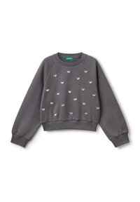 Felpa grigia con collo a giro, maniche raglan e design a cuore ricamati. Tessuto morbido e polsini ribattuti all'orlo e alle maniche.