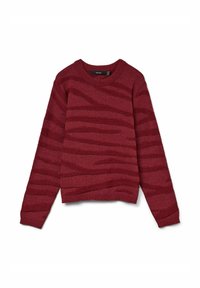 Pulover z dolgimi rokavi in krožnim izrezom v temno rdeči barvi z rahlo vodoravnimi teksturiranimi črtami, prikazan na ravni površini na beli podlagi.