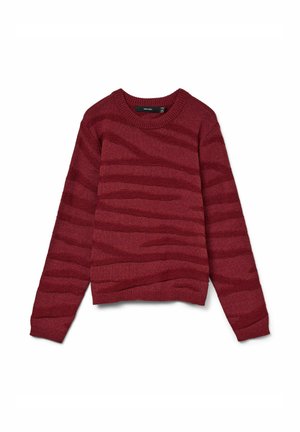 Maglione a maniche lunghe con collo a girocollo in rosso scuro con sottili strisce orizzontali di texture, esposto piatto su uno sfondo bianco.