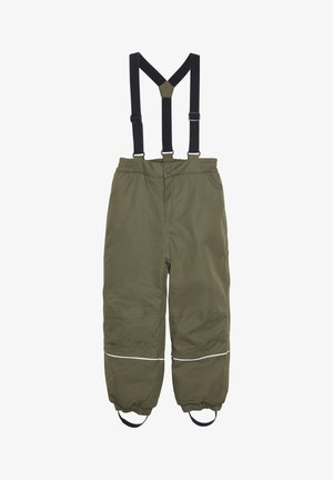 Olivengrønne vandtætte bukser med justerbare sorte seler, elastiske manchetter, reflekterende stribe nær sømmen og blød tekstur.
