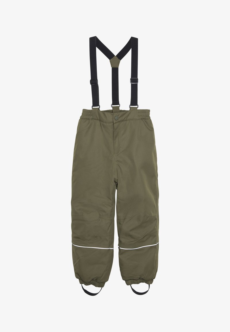 Olive roheline veekindel põll, millel on reguleeritavad mustad rihmad, elastsed mansetid, helendav triip äärmiku lähedal ja pehme tekstuur.