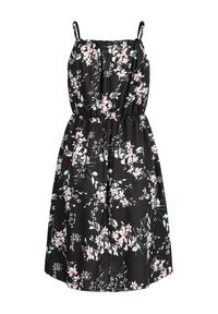 Robe noire sans manches avec imprimé floral rose et blanc, taille élastique et fines bretelles.