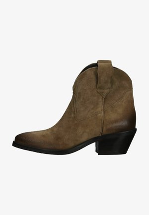 Bota vaquera de ante marrón con punta ligeramente afilada y tacón bajo. Presenta lengüetas de agarre y detalles bordados en los laterales.