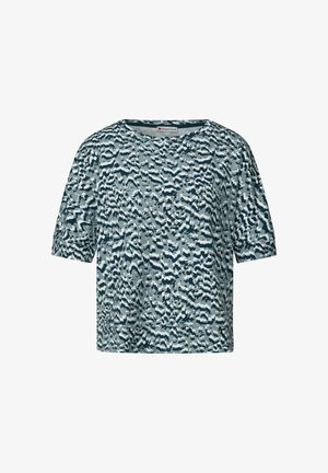 Blusa a maniche corte con scollo rotondo e tessuto a fantasia astratta blu, grigio e bianco, etichettata Street One all'interno del colletto.