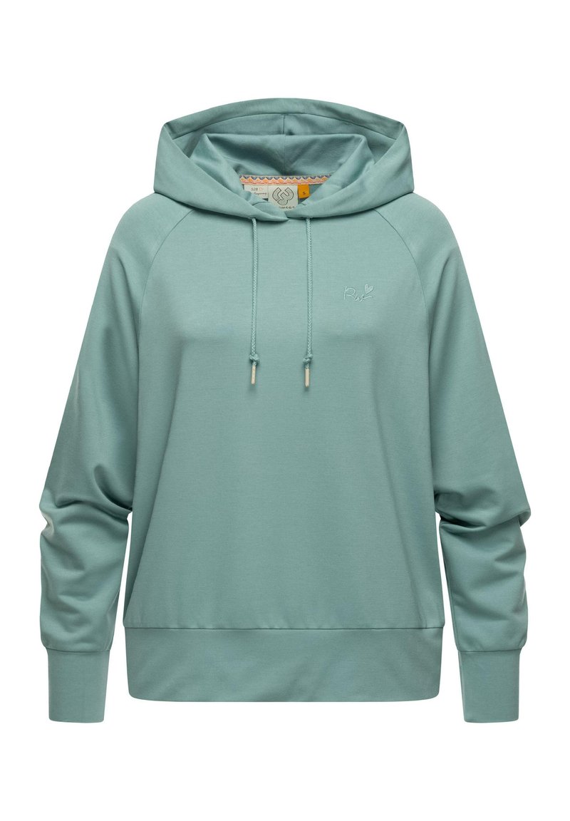 Hoodie verde chiaro con cappuccio regolabile, polsini e orlo a costine. Presenta un piccolo logo ricamato sul davanti e una texture morbida e liscia.