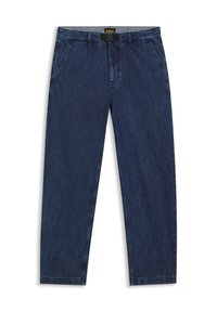 Pantalon en denim bleu foncé avec une coupe droite, poches avant et une ceinture grise. Comprend un logo BOSS à l'intérieur.