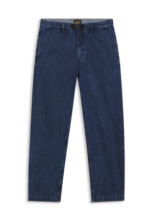 Sötétkék farmernadrág egyenes szabással, elülső zsebekkel és szürke derékpánttal. BELSŐN egy BOSS logó található.