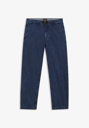 Dark blue denim trousers with a straight cut, front pockets, and a grey waistband. Features a BOSS logo on the inside.