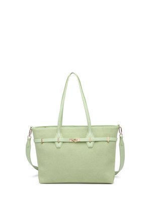 Sac cabas rectangulaire vert clair avec deux bretelles, une bandoulière amovible et une fine ceinture avec une petite boucle dorée.