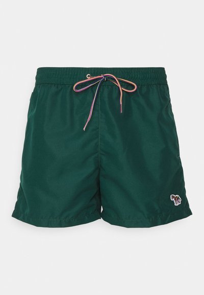 Shorts de bain verts en tissu lisse, dotés d'un cordon de serrage avec des accents multicolores et d'un petit logo brodé sur le côté.