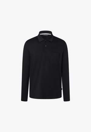 Schwarzes Langarm-Polo-Shirt aus Baumwolle mit klassischem Kragen, drei Knöpfen und einer Brusttasche. Einfaches, einfarbiges Design.