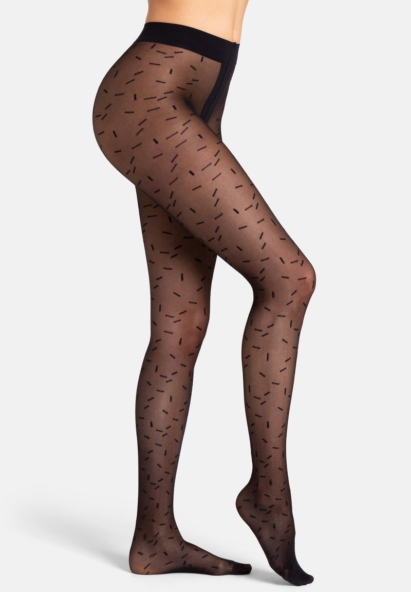 Collant neri trasparenti con un motivo testurizzato di piccole linee nere verticali. Finitura liscia e fascia larga in vita per il massimo comfort.