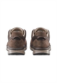 Brown suede shoes with mesh accents, rubber soles, and padded collars. Features a pull tab and textured detailing at the heel.