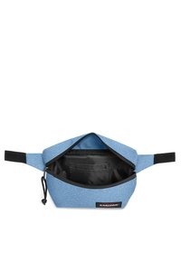 Borsa in tessuto blu con zip in alto, caratterizzata da accenti neri e un interno foderato. Include una piccola tasca interna per l'organizzazione.