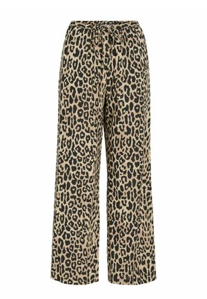Pantalon à jambes larges avec imprimé léopard beige et noir, taille élastique avec cordon de serrage à l'avant.