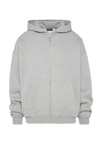 Grau zip-up Kapuzenpullover aus weichem Stoff, mit einer geräumigen Kapuze, vorderen Taschen und ribbelten Bündchen in einer lockeren Passform.
