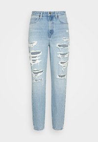 Ljusblå slitna jeans med flera revor, hög midja, rak passform och lätt urtvättning på ytan.