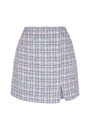 Gonna mini in tweed con un mix di fili blu, bianchi e rosa; presenta uno spacco anteriore e vita aderente. Motivo a quadri testurizzato.