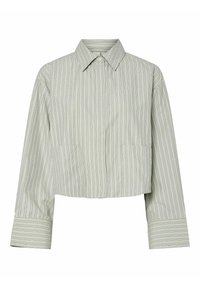 Beskåret shirt i lys grøn med lodrette hvide striber. Har en krave-nakke og lange ærmer med brede manchetter. Materialet ser glat ud.