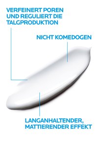 White cosmetic cream smear with German text highlighting pore refining, oil regulation, non-comedogenic, and long-lasting mattifying effect.
