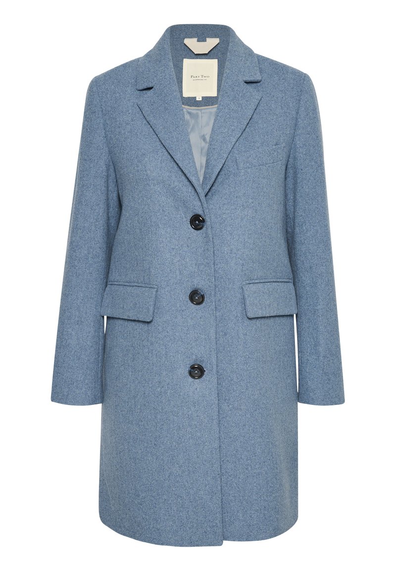 Jasnoniebieski wełniany płaszcz z kołnierzem z klapami, zapięciem na guziki, dwiema frontowymi kieszeniami oraz gładką podszewką. Klasyczna, dopasowana sylwetka.