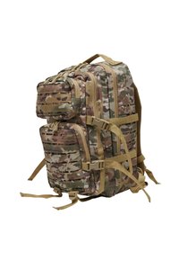 Camouflage-patterned backpack with multiple pockets, zippers, and webbing straps. Made of durable fabric, featuring a structured design and tan accents.