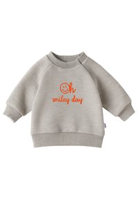 Light gray sweatshirt with raglan sleeves, ribbed cuffs, and hem. Features orange text "Oh smiley day" and a smiley face graphic. Cotton blend fabric.