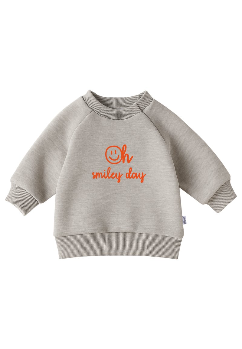 Light gray sweatshirt with raglan sleeves, ribbed cuffs, and hem. Features orange text "Oh smiley day" and a smiley face graphic. Cotton blend fabric.