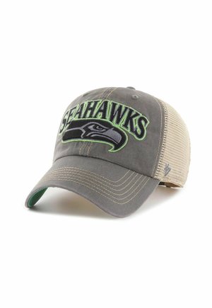Graue und beige Mesh-Seattle Seahawks Baseballkappe mit grünem und schwarzem gesticktem Teamnamen und Logo vorne.