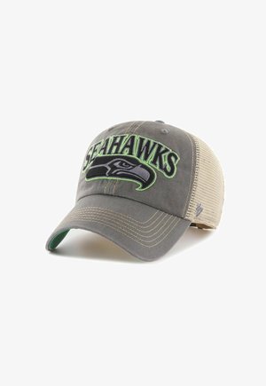 Casquette de baseball en mesh gris et beige des Seattle Seahawks avec le nom et le logo de l’équipe brodés en vert et noir à l’avant.