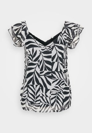 Zwart-witte blouse met korte mouwen, een V-hals en gerafelde mouwen, met een bladerenpatroon op een lichte stof en een ontspannen pasvorm.