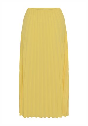 Gul plisserad midkjol med hög midja, tillverkad av lätt material, med en texturerad yta och en flödande design.