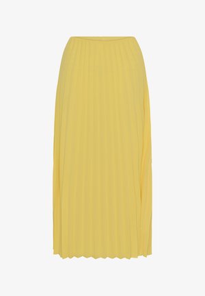 Yellow pleated midi skirt with a high waist, made from lightweight fabric, featuring a textured surface and a flowing design.