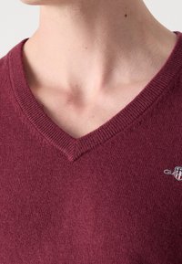 Pull bordeaux à col en V avec un col côtelé et une texture en maille fine ; présente un petit logo sur la poitrine ; gros plan sur le col.